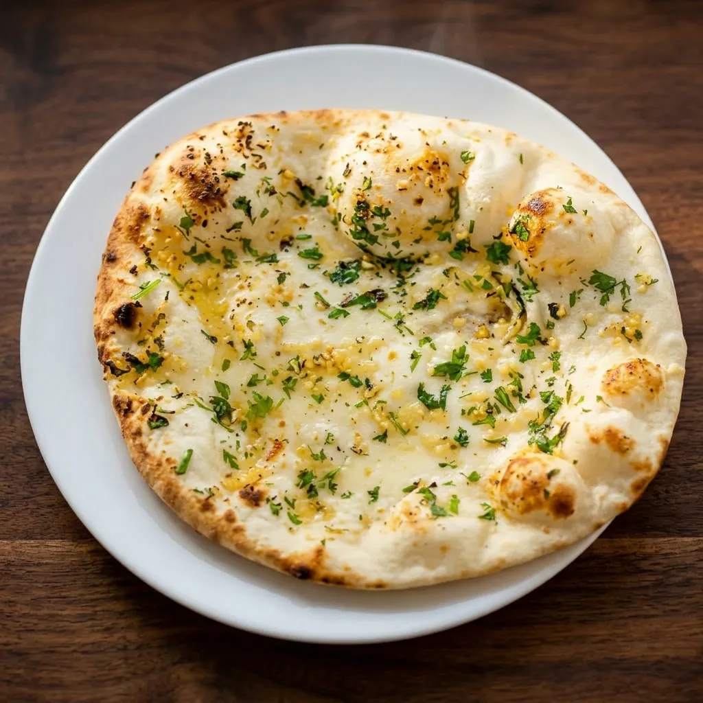 Garlic Naan freshly baked with Indian curry at Chef's Indian Kitchen Medicine Hat